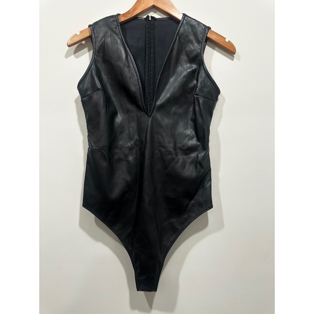 Fleur du Mal Black Vegan Leather Deep V-Neck Sleeveless Bodysuit Size S